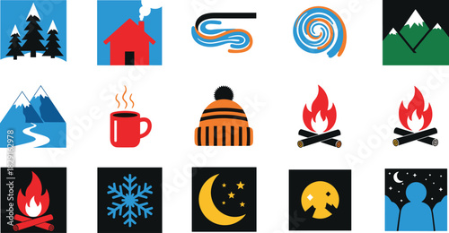 Winter adventure icons collection featuring mountains, campfire, cozy cabin, hot drink, snowflake, night sky, hiking symbols, outdoor travel design elements