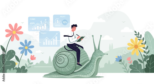 Businessman riding a snail towards business growth and profit optimization illustration