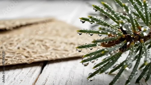 Sparkling Dew Drops on Fresh Pine Branch with Rustic White Wood Background
