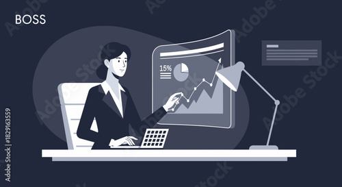 Female executive analyzes financial data with digital tools and workspace lamp