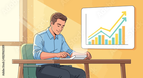 Illustrative business analyst working on financial data with graph in the background