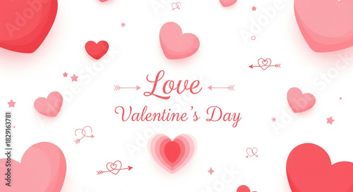 Romantic Valentine's Day background with floating pink and red hearts on a white backdrop, perfect for love-themed celebrations and greetings
