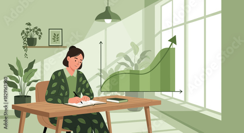 Illustrative depiction of a woman at desk, visualizing sustainable growth and success