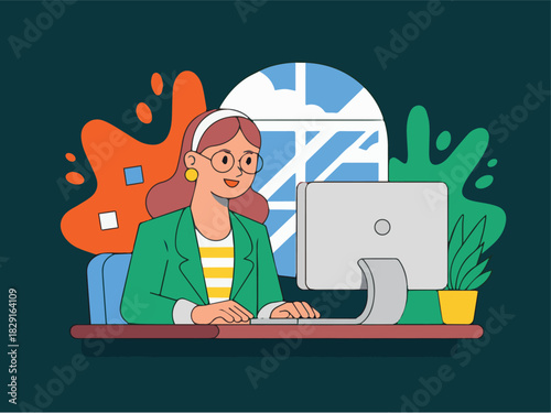 Vector a woman with glasses working at a computer in front of a window with abstract shapes around