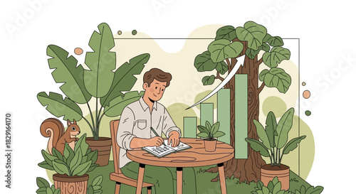 Nature inspired financial planning illustration with rising graph and happy planner