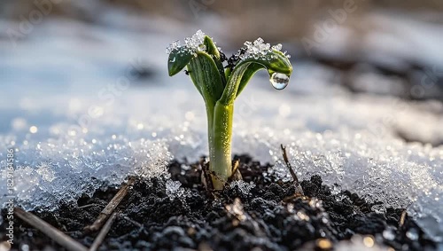 Young Green Sprout Emerges Through Melting Snow in Early Spring, Symbolizing New Life