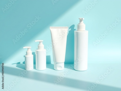 Minimalist arrangement of white cosmetic bottles and tubes on a blue background with shadows