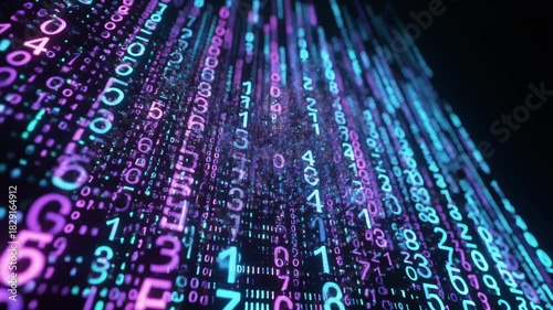 Abstract Digital Matrix Background with Glowing Blue and Purple Numbers Flowing Down