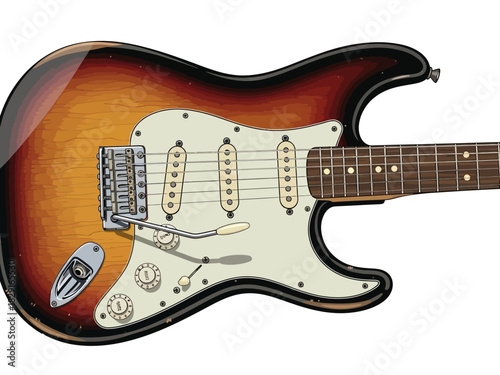 Electric Guitar with Sunburst Finish and White Pickguard Detailed Illustration.