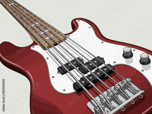 Red Electric Bass Guitar with White Pickguard and Chrome Hardware Close-Up.