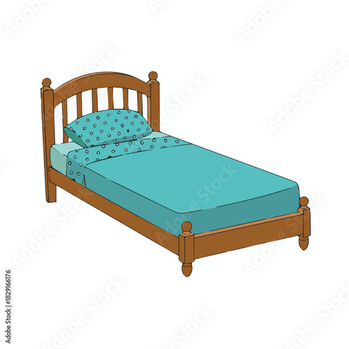 Vector a wooden bed frame with a blue mattress and a patterned pillow on a white background