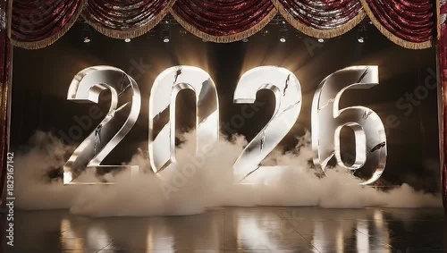 Dramatic Stage Reveal of Year 2026 with Elegant Curtains, Smoke, and Spotlights