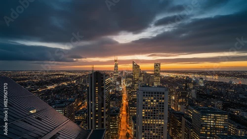 Dynamic Cityscape Timelapse from Golden Hour to Night, Featuring Modern Skyscrapers and Busy Streets