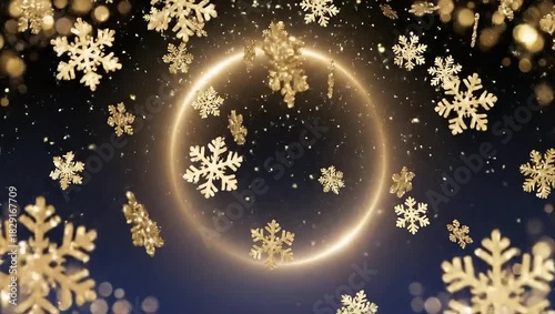 Elegant Golden Snowflakes Falling Around a Luminous Ring on a Dark Blue Festive Background