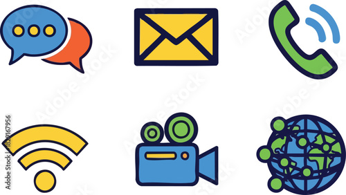 Communication Icon Set Messaging, Email, Phone, Wi-Fi, Video & Globe