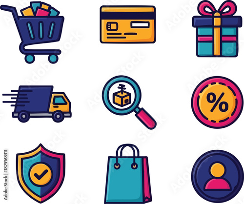 Ecommerce Icon Set Shopping Cart, Credit Card, Delivery Truck, and More for Online Store Design