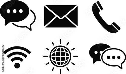 Communication Icons Set Email, Phone, Wifi, Globe, and Speech Bubbles