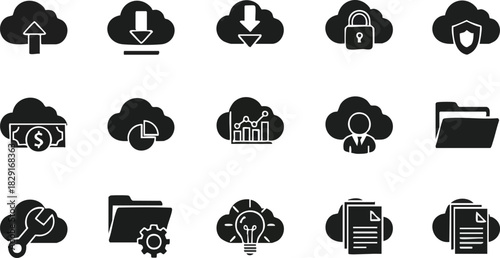 Cloud Computing and Data Management Set of Vector Icons for Data Transfer and Security