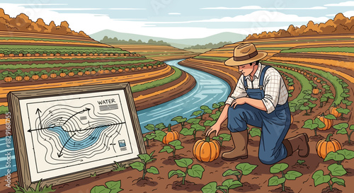 Agricultural management illustration showcases sustainable farming and water control