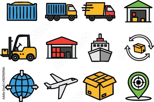 Line Art Logistics Colorful Icons for Shipping, Delivery, and Global Transportation