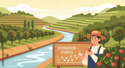 Irrigation and Farming Illustration Showing Orchard Hydration Techniques for Sustainable Agriculture