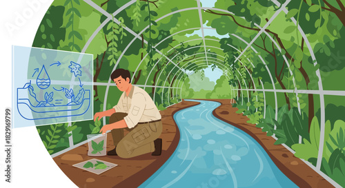 Botanist examining plants within a sustainable hydroponic farm design concept