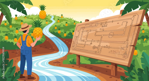 Irrigation Blueprint on Tropical Pineapple Farm with Farmer and Water Flow