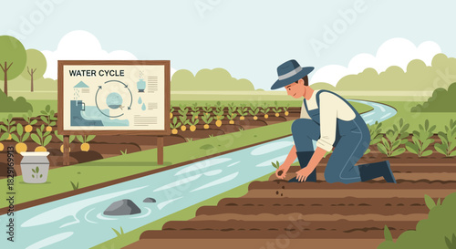 Farmer planting seeds in a cultivated field near irrigation channel and education board