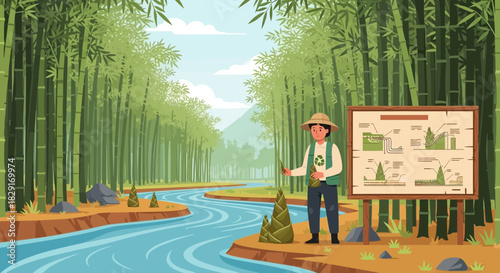 Bamboo forest ecosystem explainer, depicting sustainable environmental processes