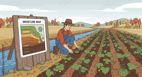 Farmer assessing moisture levels using innovative map in a picturesque field