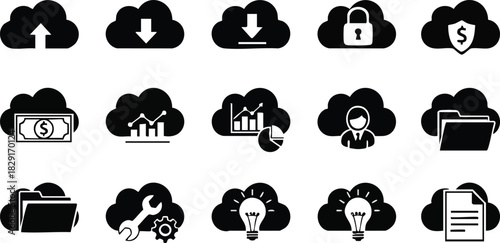 Black and White Cloud Computing Vector Icons for Data and Security