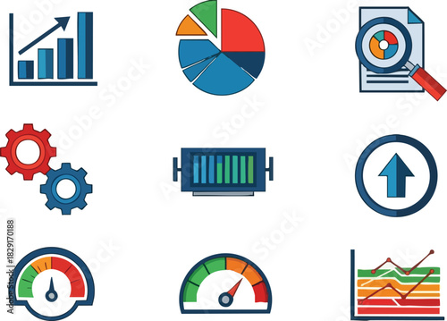 Data Visualization Icons Set Charts, Gauges, Gears, and Upward Trend Representation