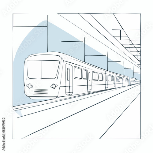 Train and railway station in one continuous line drawing. Metro and subway symbol in simple linear style. 