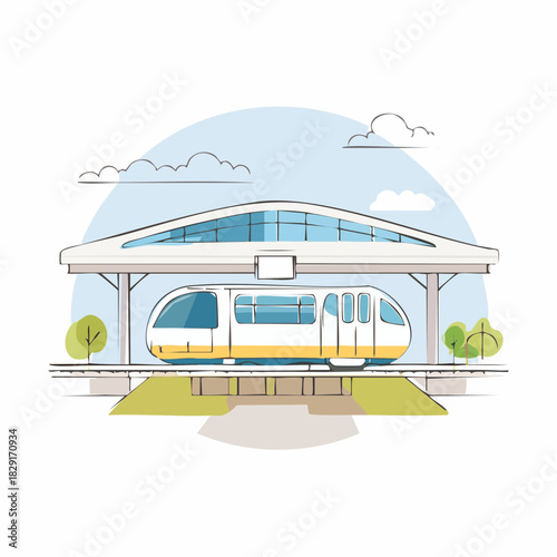 Train and railway station in one continuous line drawing. Metro and subway symbol in simple linear style. 