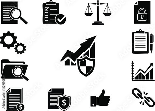 Business and Finance Icons Data Analysis, Security, and Regulations
