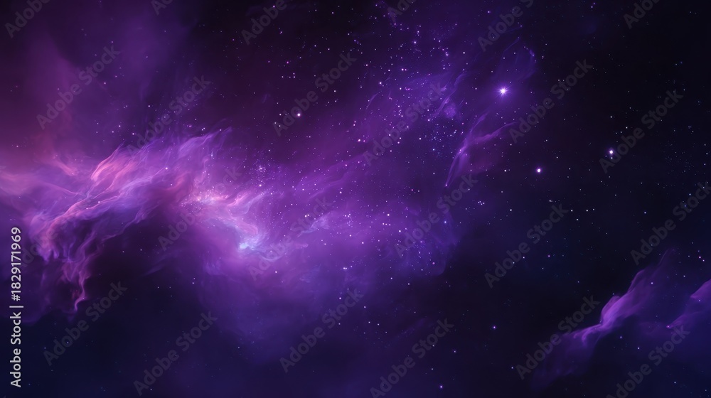 Fototapeta premium A dark, mystical background with purple sparks, swirling smoke, and magic fire particle effects, featuring foggy clouds and abstract violet energy for a spooky Halloween frame.