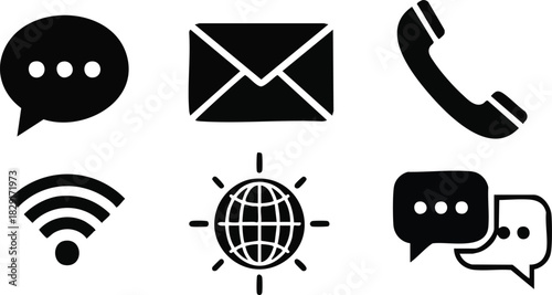 Communication Icons Speech Bubbles, Email, Phone, Wi-Fi, and Globe