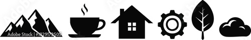 Minimalist Icons Mountains, Coffee, Home, Gear, Leaf, Cloud