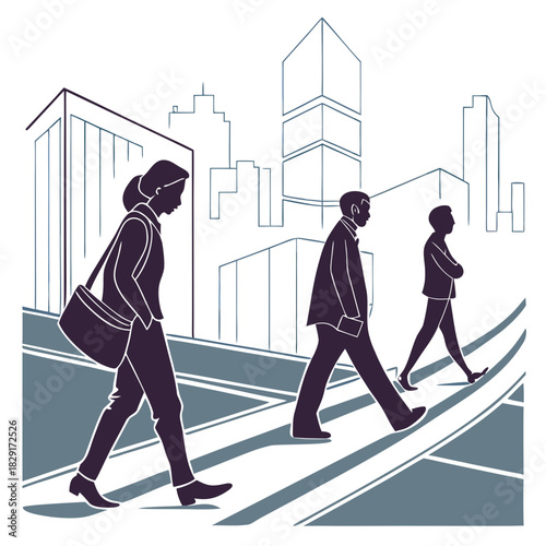 Urban Commuters: Illustration of commuters traverse a city street, going on the urban environment, representing a daily commute in an urban area. 