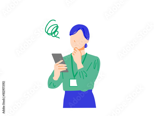 スマホの画面を見て困っている様子の人物。ビジネスパーソン(女性)の表情イラスト。フラットデザイン。