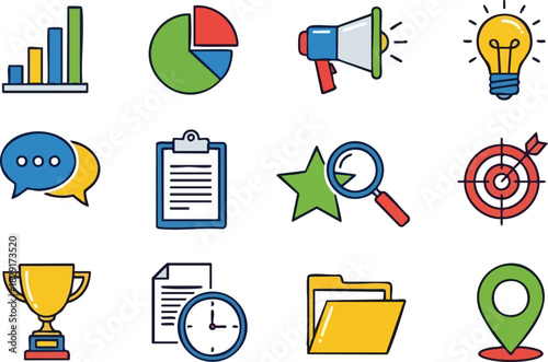 Marketing and Business Vector Icon Set for Data Analysis and Project Management