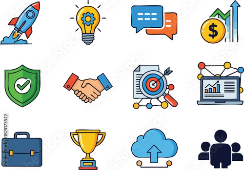 Business Startup Icons Rocket Launch, Teamwork, Cloud Storage, and Financial Success