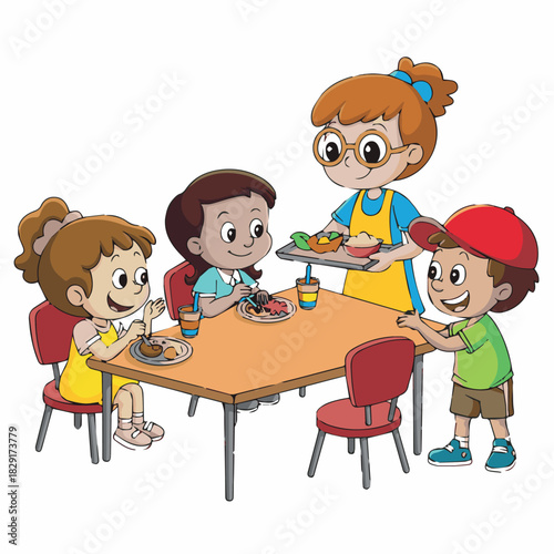 Illustration of kids eating lunch at school cafeteria with teacher serving food and drinks to students