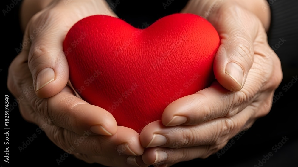 Obraz premium Elderly hands gently cupping a vibrant red heart symbolizing love and care