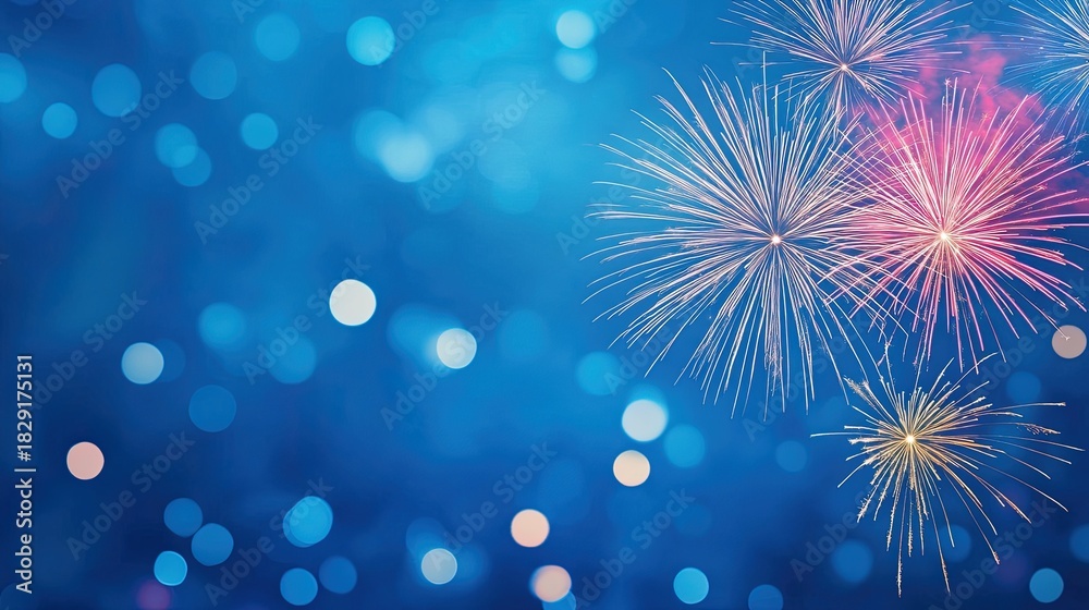 Fototapeta premium A subtle, abstract image of dandelion-like fireworks behind a frosted, textured blue surface. A dreamy and artistic concept for winter, wishes, or gentle celebrations.