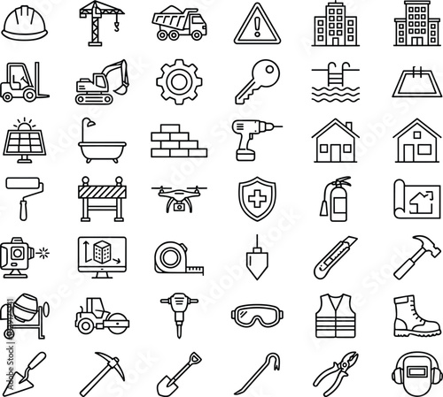 Construction icons, engineering tools, safety symbols, hard hat, crane, dump truck, blueprint, gear, house, solar panel, drill, barrier, fire