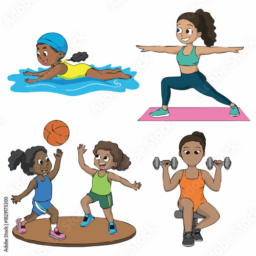 Illustration of diverse girls doing sports activities swimming yoga basketball weightlifting fitness and exercise 100