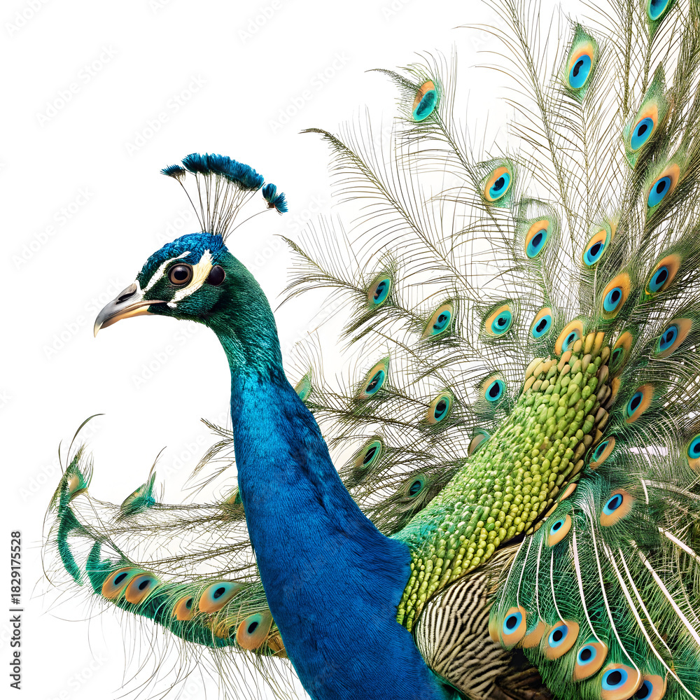 Fototapeta premium majestic peacock displaying vibrant plumage on white