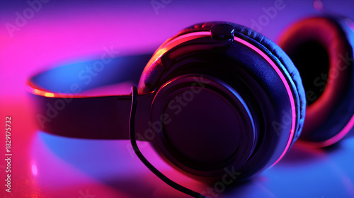 Close up of modern overear headphone glowing with vibrant neon pink and blue light in a dark setting