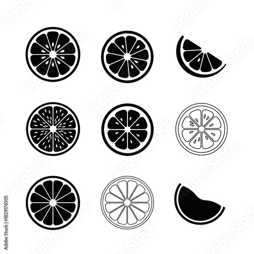 Black and White Citrus Icons Featuring Detailed Fruit Cross-Section Designs